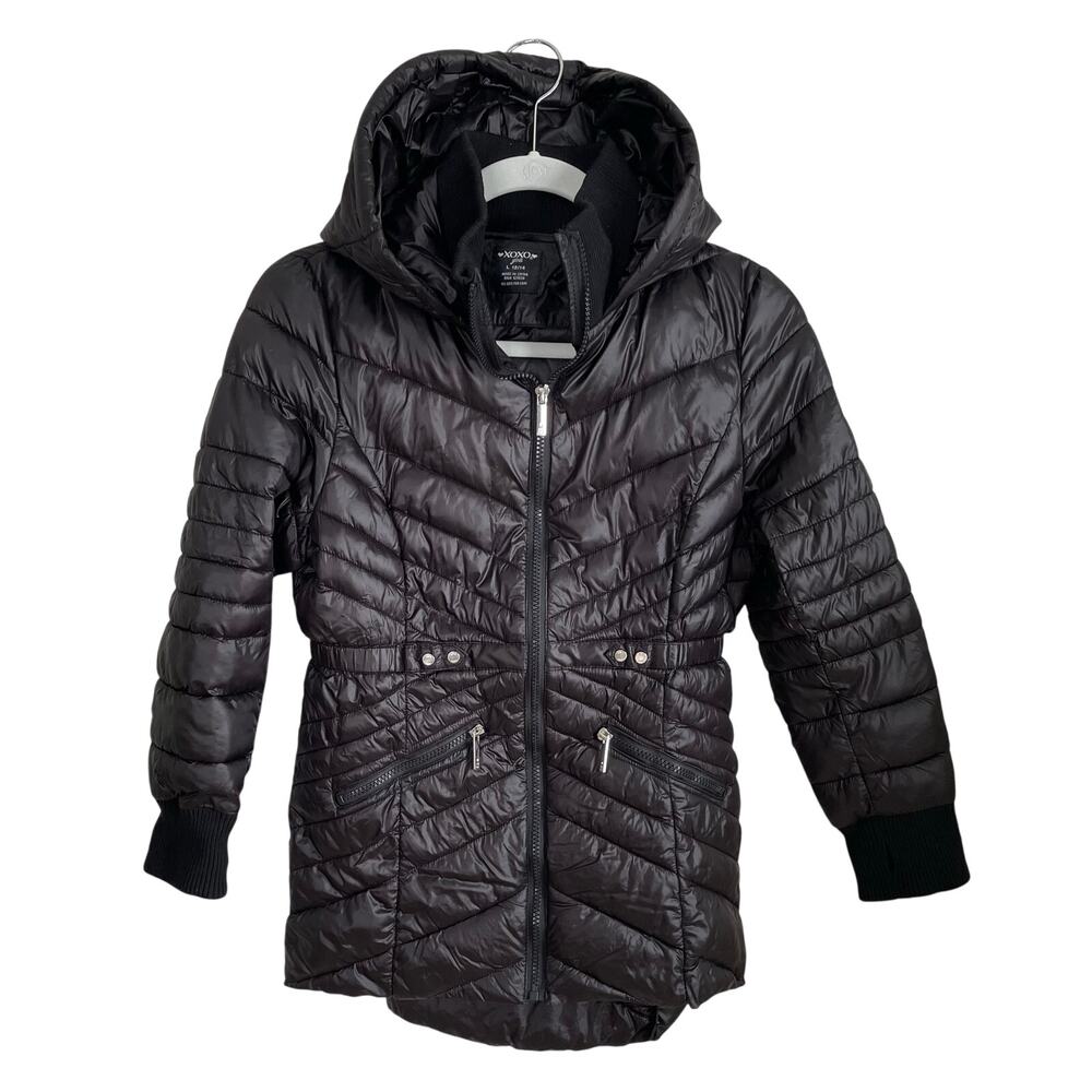 XOXO Puffer Hooded Jacket Girls Size L Front Zip Pockets Ribbed Collar and Cuffs